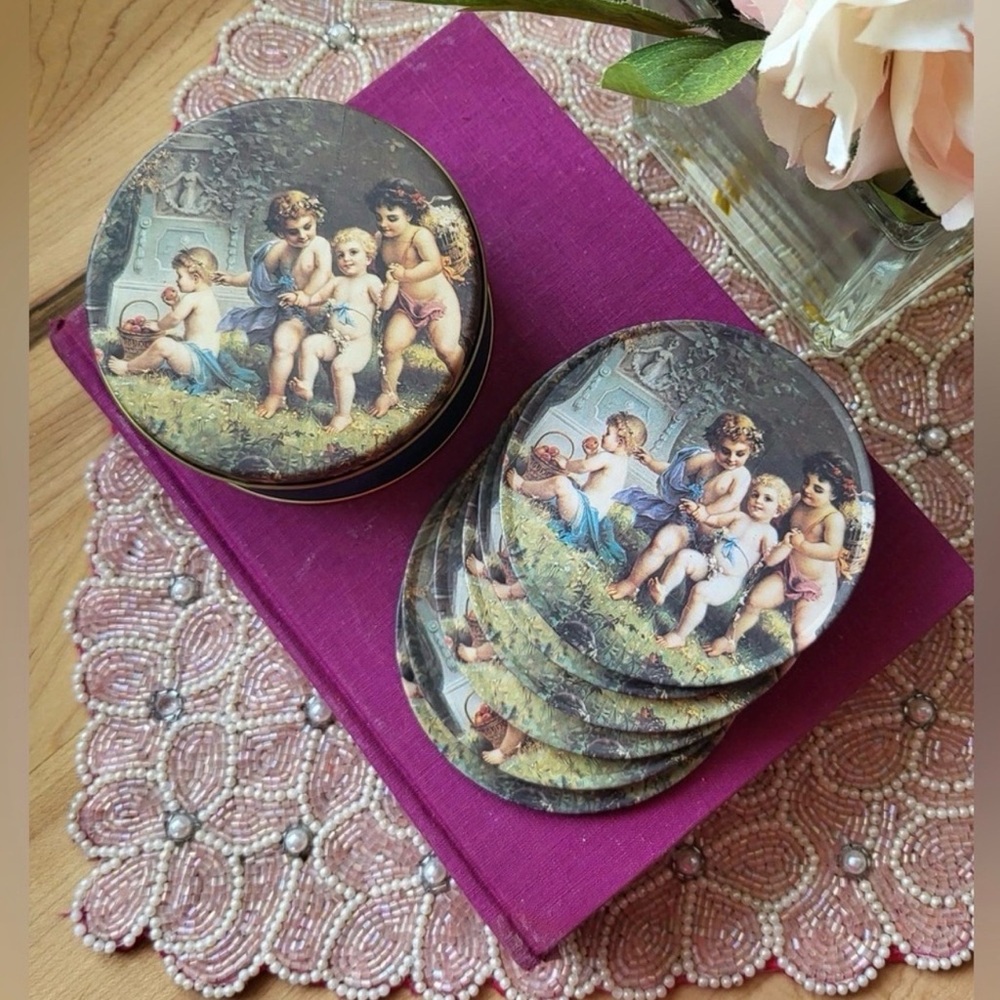 Vintage Renaissance Cherub Coasters Tin Set 1995 Trippies Romantic Decor